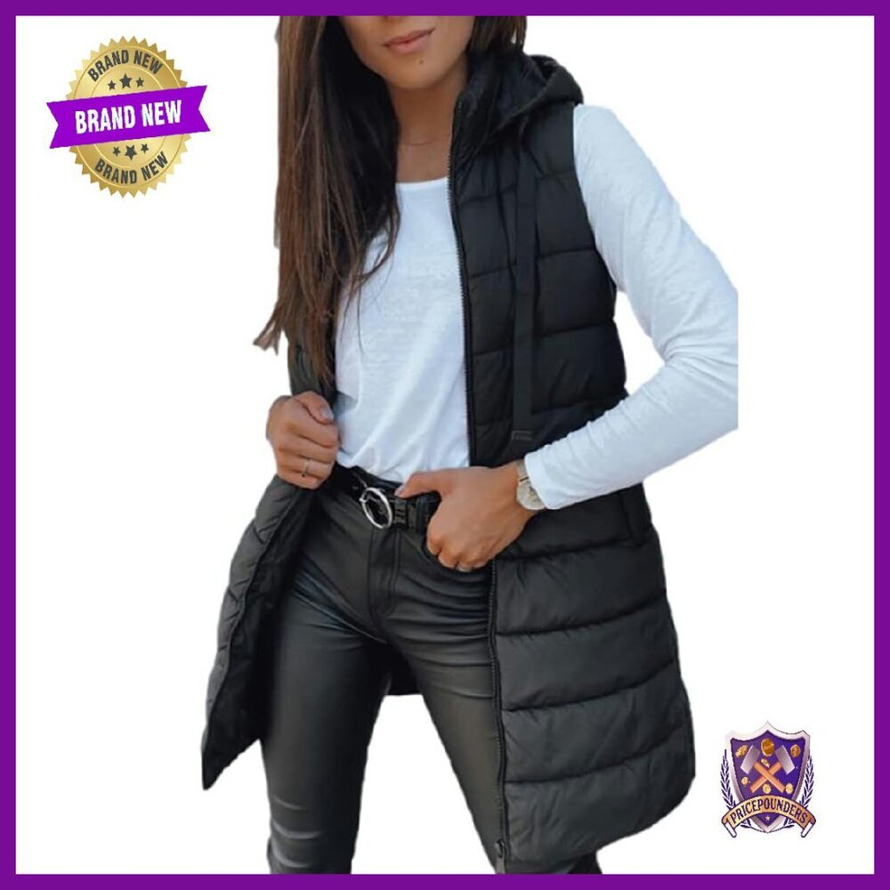 Women's Long Sleeveless Hooded Puffer Vest - Lightweight Winter Outerwear